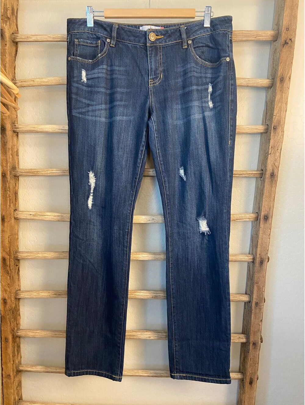 Cabi Jeans Size 10 Distressed Dark Blue Denim Straight Leg Pants